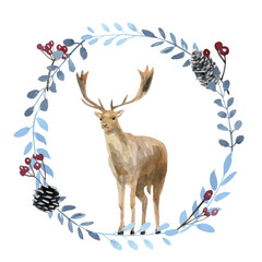 Watercolor deer with Winter Botanicals wreath