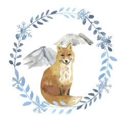 Watercolor fox  with Winter Botanicals wreath