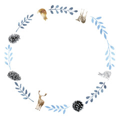 Watercolor  animals with Winter Botanicals wreath
