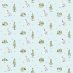 Watercolor Winter Rabbits and Pine Trees Seamless Pattern on Light Blue