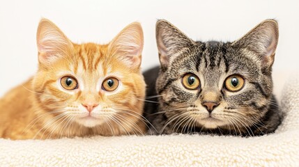 Tender Portrait of Ginger Tabby and Black Patterned Cat with Captivating Eyes on White Background
