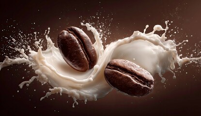 Roasted Coffee Beans Plunging Into Milk, Splashing. Close Up.