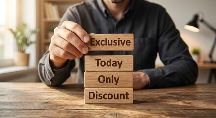 Businessman stacking wooden blocks with words Exclusive Today Only Discount in a modern workspace