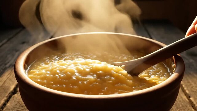 Steaming hot bowl of porridge with a spoon in a rustic wooden setting