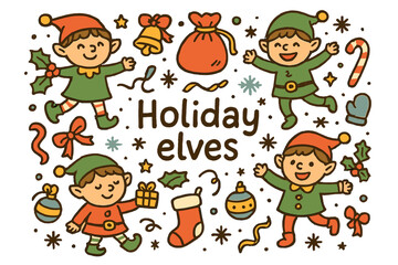 Colorful Holiday Elves. Holiday elves. Hand-drawn doodle illustration of Holiday elves. gift bags, bows, holly