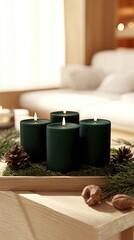 dark green candles on the tray, pine cones, and evergreen branches for an elegant winter theme