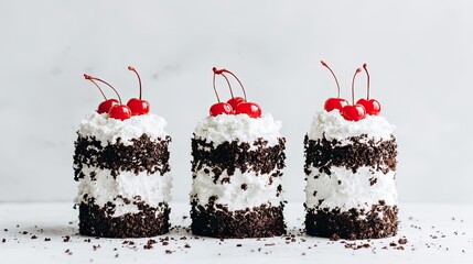black forest cakes are mini cakes with chocolate cake layers and cherry filling, topped with cream 