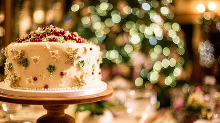 christmas cake, decorated with red berries and green christmas trees on top of the cream