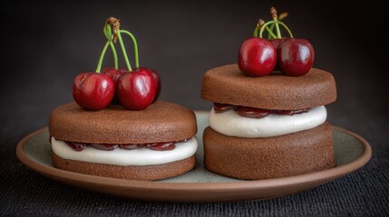black forest cakes are mini cakes with chocolate cake layers and cherry filling, topped with cream 