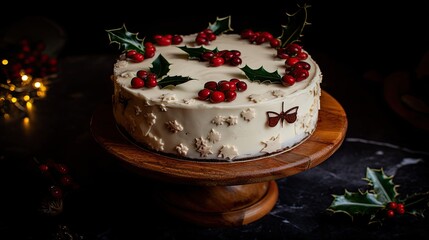 christmas cake, decorated with red berries and green christmas trees on top of the cream
