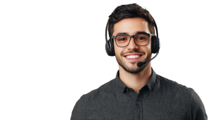 Friendly Customer Service Representative Smiling with Headset on a Black Background