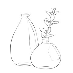 Minimalist glass vases with leafy branch, modern botanical line art illustration