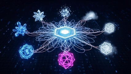 Abstract Digital Network Connecting Geometric Shapes with Glowing Center.