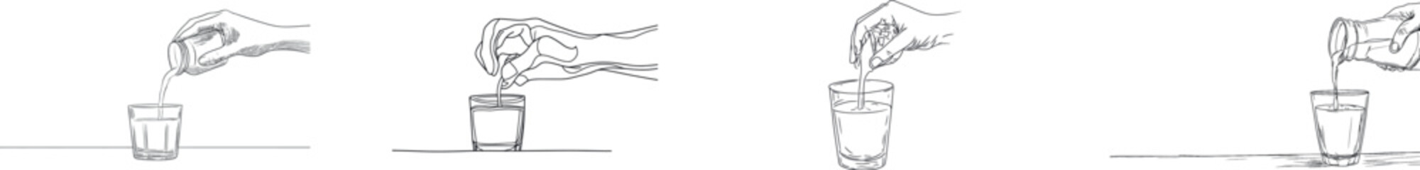 A hand-drawn line art piece, done in a modern style, shows milk being poured in one continuous motion from a bottle into a glass, highlighting the simplicity of the scene