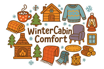 Naklejka premium Winter Cabin Comfort. WinterCabinComfort. Hand-drawn doodle illustration of WinterCabinComfort. Wooden cabin,
