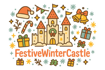 Festive Winter Castle Illustration. FestiveWinterCastle. Hand-drawn doodle illustration of FestiveWinterCastle