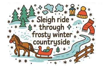 Frosty Winter Sleigh Ride. Sleigh ride through frosty winter countryside. Hand-drawn doodle illustration of