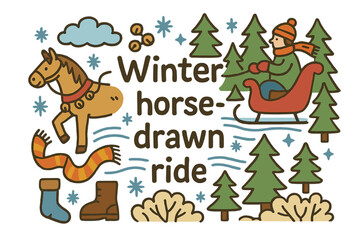 Fototapeta premium Winter Sleigh Adventure. Winter horse-drawn ride. Hand-drawn doodle illustration of Winter horse-drawn ride.