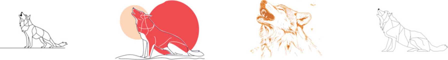 The modern design concept of wolf animals is represented through a continuous single line drawing in an outline