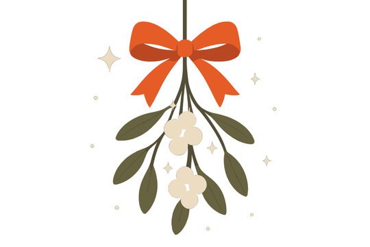 Mistletoe Elegance. Classic mistletoe drop. A single mistletoe sprig hanging with a ribbon bow, berries