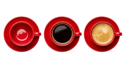 three red cups filled with beverages arranged on a black surface isolated transparent background