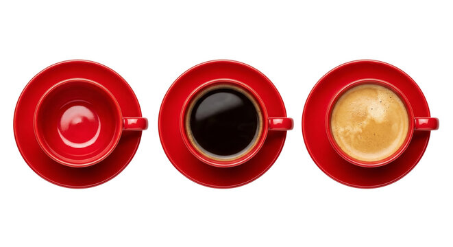 three red cups filled with beverages arranged on a black surface isolated transparent background