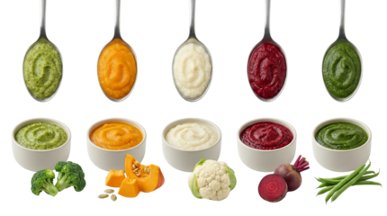 Assorted colorful vegetable purees with fresh produce on isolated transparent background