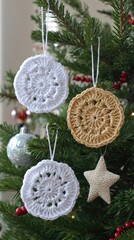 three white crocheted snowflakes and one gold star ornament hanging on the christmas tree