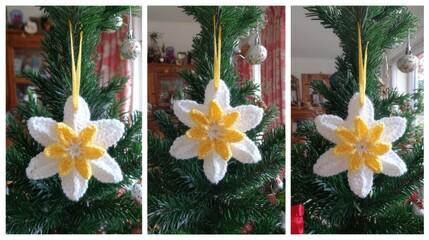 white snowflake-shaped ornaments with yellow crocheted stars hanging on the christmas tree