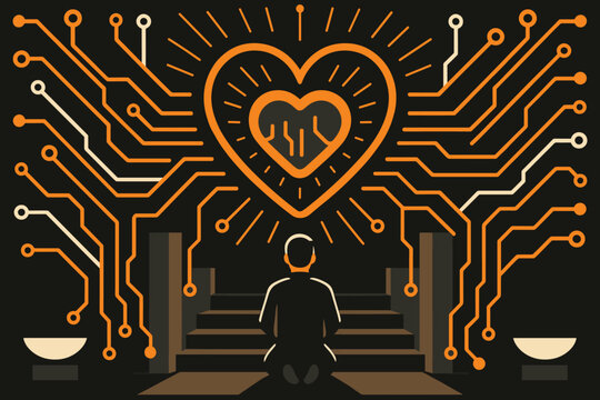 Digital Heart Shrine. Circuit-heart sanctuary. The shrine reveals a beating digital heart, pulses traveling