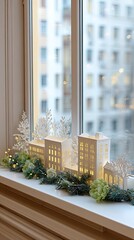 white window sill with paper houses and lights, greenery decoration. --chaos 40 --ar 9:16 --profile pz5qtqt --v 7 Job ID: 558101eb-b1f7-42e9-8481-000c5d8b5c0e