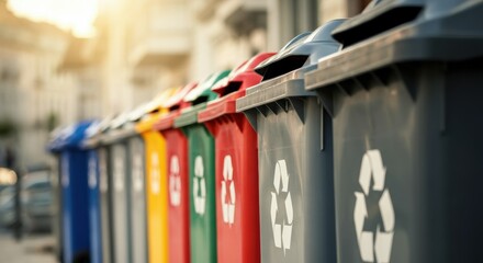 Recycling bins in assorted colors lined along a sunlit street with symbols