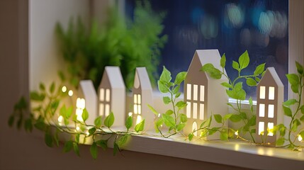 white window sill with small houses made of paper and greenery hanging on it