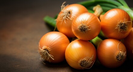 Yellow onions piled with green stems on rustic surface showing fresh produce
