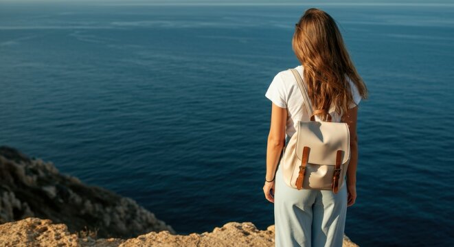 Woman overlooking ocean from rocky cliff with casual backpack and relaxed pose