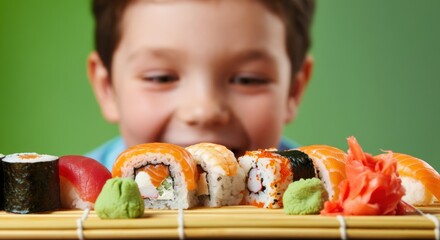 Boy leaning over sushi rolls on bamboo mat with eager expression and excited smile