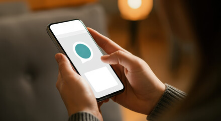 Hands holding smartphone displaying app interface with blurred warm background