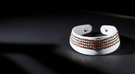 White cuff bracelet with multicolored rhinestones on dark minimal background