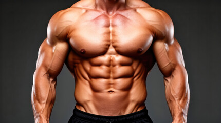 Fototapeta premium Confident Muscular Man Displaying Defined Six-Pack Abs Representing Strength, Fitness, and Masculine Power