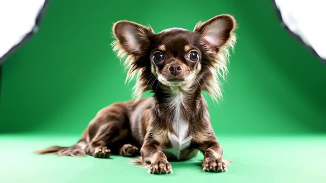 Adorable long-haired chihuahua dog lying on a green studio background