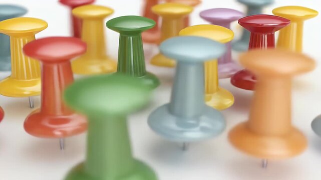 Colorful push pins scattered on a white surface, close up view.