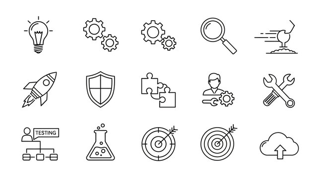 Set of line art icons representing various concepts like idea, search and development