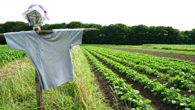 Scarecrow standing guard in a lush green vegetable field on a sunny day