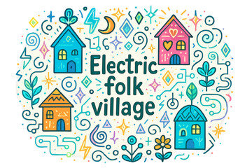 Fototapeta premium Electric Folk Village. Electric folk village. Hand-drawn doodle illustration of Electric folk village. Tiny