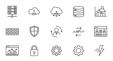 Set of thin line icons representing various aspects of cloud computing and networking technology