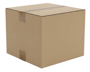 A close-up shot of a brown cardboard box, sealed with tape, ready for shipping.