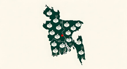 Obraz premium Map of Bangladesh with polling stations and checkmarks showing election voting or referendum results