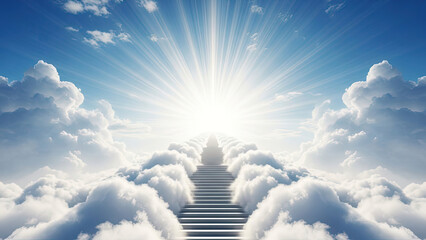 Stairway to heaven with bright light and fluffy clouds