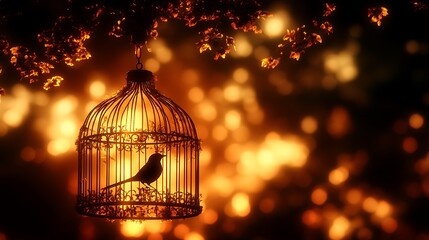 Bird in glowing cage with tree, and warm bokeh lights.