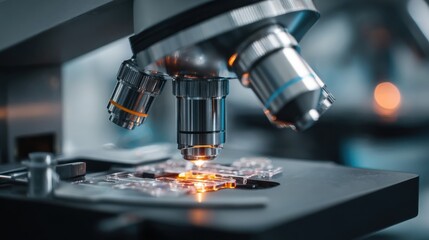 Macro view of microscope examining scientific samples